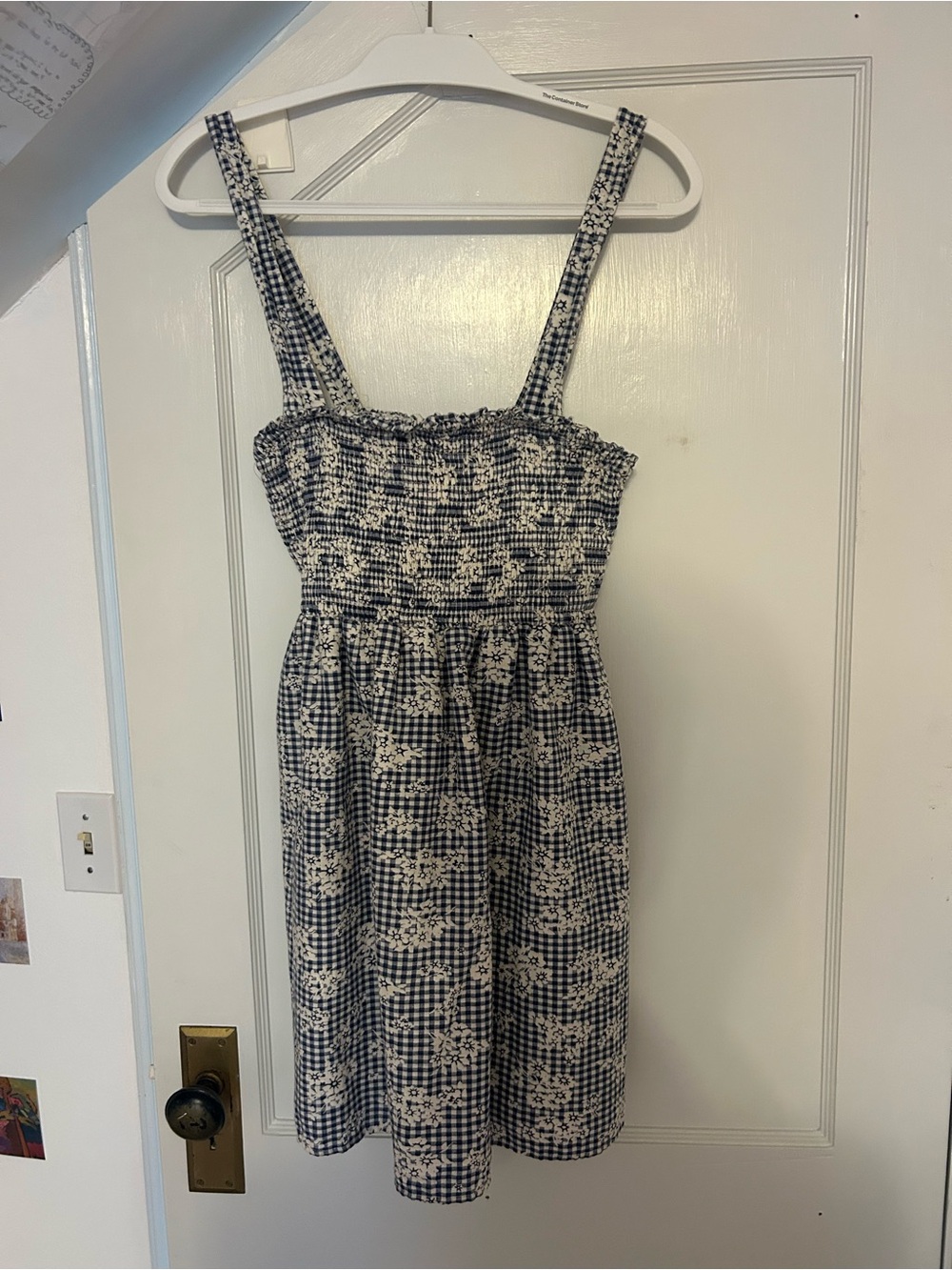 American Eagle Smocked Floral Gingham Sundress in Navy and White